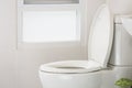 White toilet in modern home, white toilet bowl in cleaning room, flushing liquid in toilet, private toilet in modern room Royalty Free Stock Photo