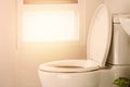 White toilet in modern home, white toilet bowl in cleaning room, flushing liquid in toilet, private toilet in modern room Royalty Free Stock Photo