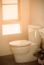 White toilet in modern home, white toilet bowl in cleaning room, flushing liquid in toilet, private toilet in modern room Royalty Free Stock Photo