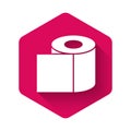 White Toilet paper roll icon isolated with long shadow. Pink hexagon button. Vector Royalty Free Stock Photo