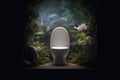 A white toilet sitting inside of a lush green forest. Generative AI image. Royalty Free Stock Photo