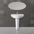 White toilets mockup. Realistic toilet interior, gray tiles on wall, white sink and hanging oval mirror, ceramic Royalty Free Stock Photo