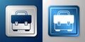 White Toolbox icon isolated on blue and grey background. Tool box sign. Silver and blue square button. Vector Royalty Free Stock Photo