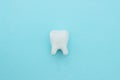 White tooth on blue background with copy space, close-up