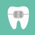 White tooth braces icon. Brace teeth. Cute cartoon funny icon. Oral dental hygiene. Children teeth care. Flat design. Green