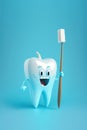 White tooth cartoon character with a toothbrush on blue background. Generative AI Royalty Free Stock Photo