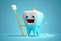 White tooth cartoon character with a toothbrush on blue background. Generative AI Royalty Free Stock Photo