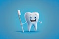 White tooth cartoon character with a toothbrush on blue background. Generative AI Royalty Free Stock Photo