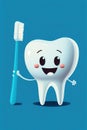 White tooth cartoon character with a toothbrush on blue background. Generative AI Royalty Free Stock Photo