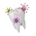 White tooth 3D Model with Virus, germs, fungi, bacteria object. Stain dirt clinging to teeth on white background. Cause tooth. Royalty Free Stock Photo