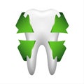 White tooth with four green arrows, stomatology icon