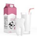 White Tooth in front of Glass of Milk and Milk Carton Box. 3d Rendering