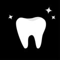 White Tooth icon. Healthy tooth shining star. Oral dental hygiene. Children teeth care. Tooth health. Black background. Flat