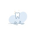 White tooth in a linear style on a blue background. Sick tooth roots. Dental Health Care Concept