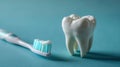 White tooth, tube of toothpaste and toothbrush with on pastel blue background. People's dental hygiene. Royalty Free Stock Photo