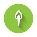 White Torch flame icon isolated with long shadow. Symbol fire hot, flame power, flaming and heat. Green circle button Royalty Free Stock Photo