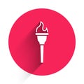 White Torch flame icon isolated with long shadow. Symbol fire hot, flame power, flaming and heat. Red circle button Royalty Free Stock Photo