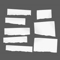 White torn note, notebook paper pieces for text stuck on lined black background. Vector illustration.