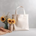 White tote bag mockup with flowers.
