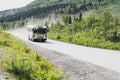 AUGUST 1 2018 - Denali Alaska: Mandatory tour bus drives down the Denali National Park road Royalty Free Stock Photo