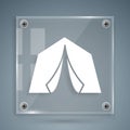 White Tourist tent icon isolated on grey background. Camping symbol. Square glass panels. Vector