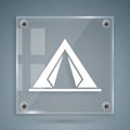 White Tourist tent icon isolated on grey background. Camping symbol. Square glass panels. Vector Illustration