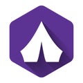 White Tourist tent icon isolated with long shadow. Camping symbol. Purple hexagon button