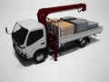 White tow truck with red crane full of building materials 3d render on gray background with shadow Royalty Free Stock Photo