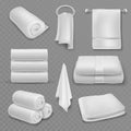 White towel. Beautiful fresh hotel bathroom stacked towels, roll and hanging, soft cotton textile hygiene items Royalty Free Stock Photo