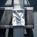 White towel draped over a metallic ribbed pole with strong sunlight and shadows image Royalty Free Stock Photo