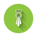 White Towel on a hanger icon isolated with long shadow. Bathroom towel icon. Green circle button. Vector