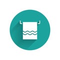White Towel on a hanger icon isolated with long shadow. Bathroom towel icon. Green circle button. Vector. Illustration