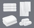 White towel. Hotel bathroom hygiene textile stacked beautiful fresh towels for washing room vector realistic sets