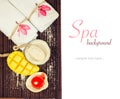 White towels, flowers and mango coconat shape soap