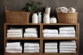 white towels,household chemicals are neatly stacked on wooden shelves,concept of conscious shopping