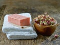 White towels and natural rose soap bar