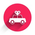 White Toy car icon isolated with long shadow background. Red circle button. Vector Royalty Free Stock Photo