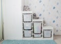 White toy storage rack in childrens`s room Royalty Free Stock Photo