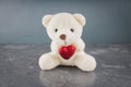 White toy teddy bear with heart on a gray background. The symbol of the day of lovers. Valentine's Day. Concept February 14. Royalty Free Stock Photo