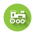 White Toy train icon isolated with long shadow background. Green circle button. Vector Royalty Free Stock Photo