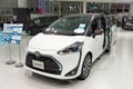 White Toyota SIENTA. Front view. Close-up. Toyota City Showcase Mega Web Palette Town