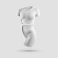 White tracksuit template for yoga 3D rendering, running, gym workout, crop top, t-shirt, rashguard, long waisted shorts isolated Royalty Free Stock Photo