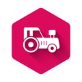 White Tractor icon isolated with long shadow background. Pink hexagon button. Vector Royalty Free Stock Photo