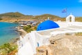 White traditional Greek church on Monastiri beach, Paros island, Greece Royalty Free Stock Photo