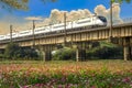 White train passing through cement viaduct landscape. Royalty Free Stock Photo