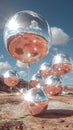 White transparent balloons with sun reflection. party. mirror balls vertical orientation