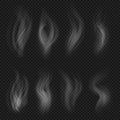 White transparent smoke collection. Hot steam from food isolated on checkered background vector set