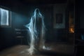 White transparent smoke like spirit ghostlike figure in a dark room at night Royalty Free Stock Photo