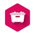 White Trash can icon isolated with long shadow. Garbage bin sign. Recycle basket icon. Office trash icon. Pink hexagon