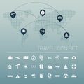 White travel icon set and world map